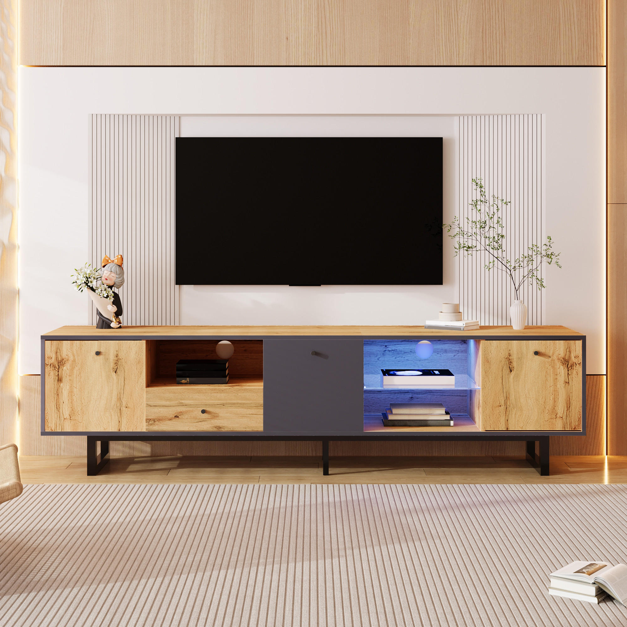 TV-LOWBOARD LED Glas Trennwand - Naturfarben, Holzwerkstoff (190/50/40cm) - Fortuna Lai