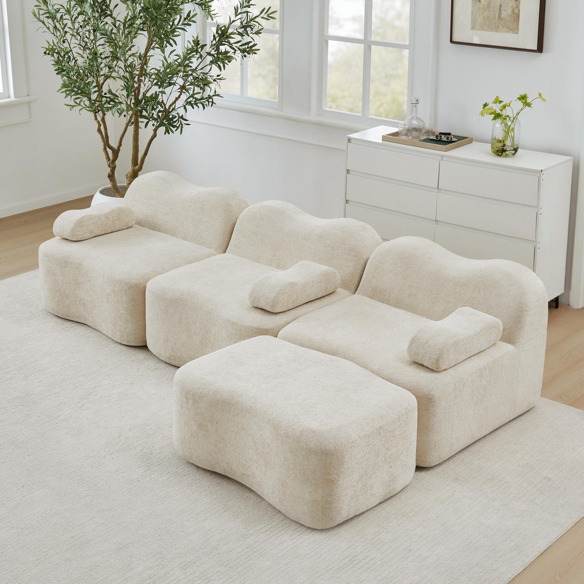 MODULARES Ecksofa mit Ottomane, tiefer Sitzfläche und Samtbezug, Beige - Beige, Textil (288/167cm) - Redom
