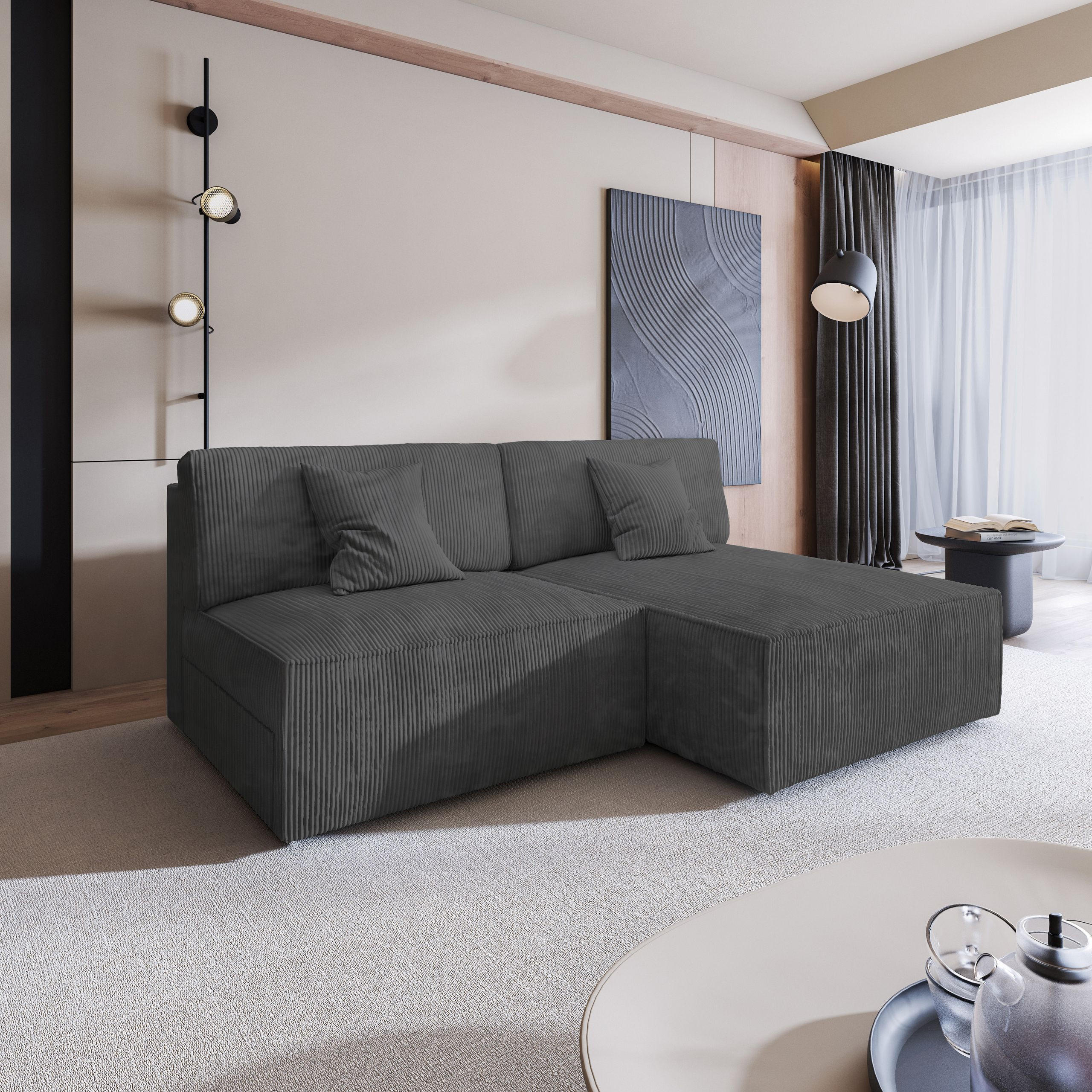 ECKSOFA FIORO P Graphitfarben Kordstoff mit Schlaffunktion - Graphitfarben, Holz (204/148cm) - MASSENO