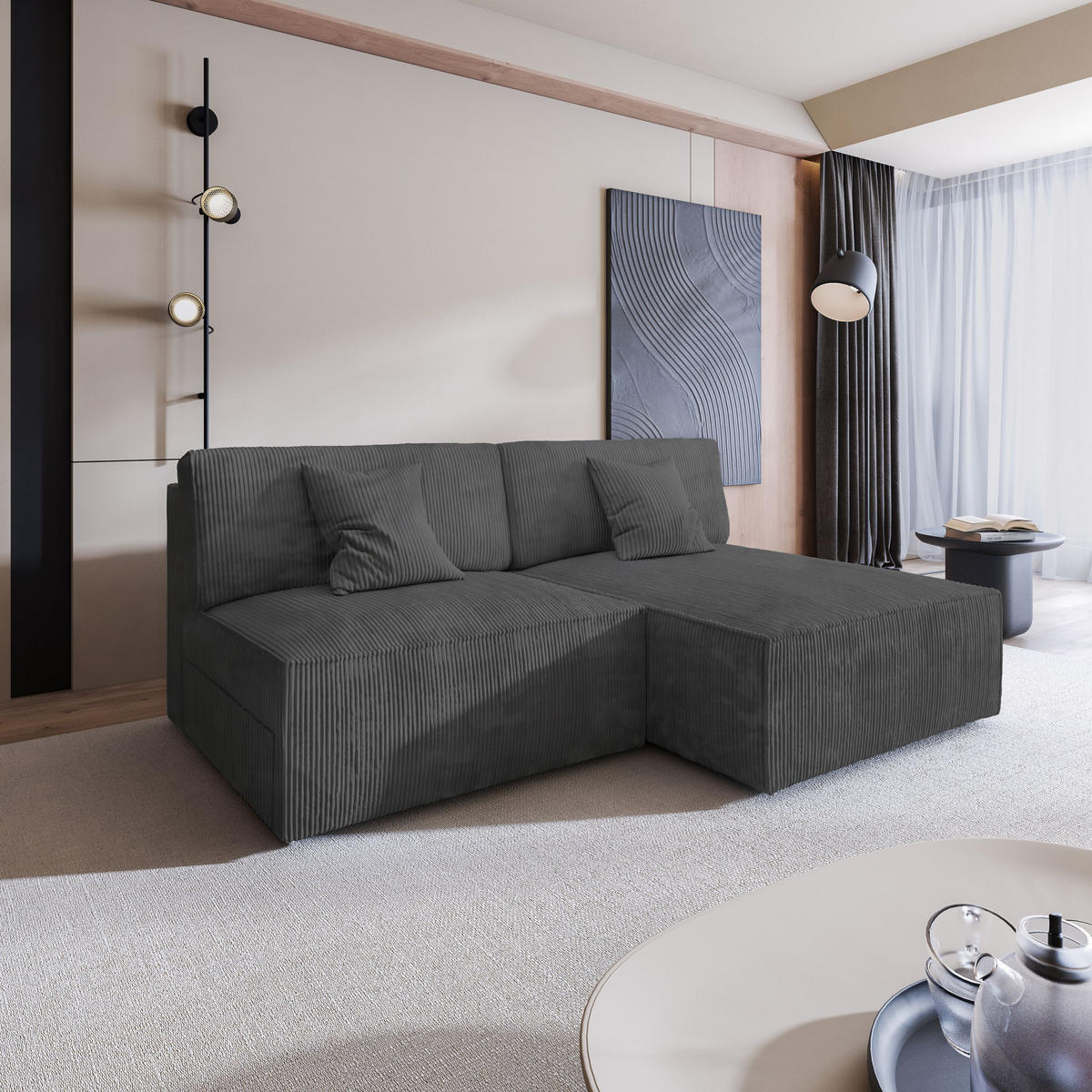 ECKSOFA FIORO P Graphitfarben Kordstoff mit Schlaffunktion - Graphitfarben, Holz (204/148cm) - MASSENO