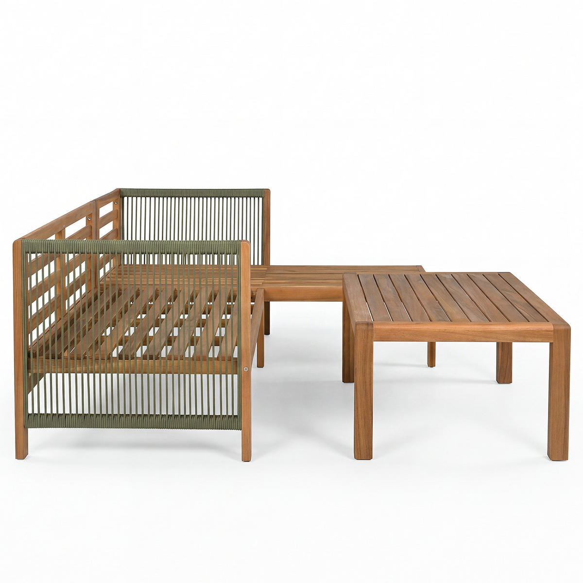 LOUNGESET - 3-teilig - Akazie massiv / Polyester - Olivgrün, Holz/Textil - home24