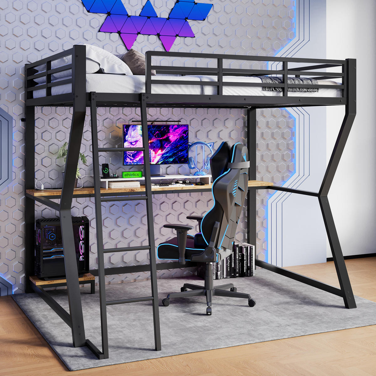 HOCHBETT 90/200 cm, Schwarz mit Schreibtisch, Steckdose und USB, ohne Matratze - Schwarz, Metall (90/200cm) - MIVRAY