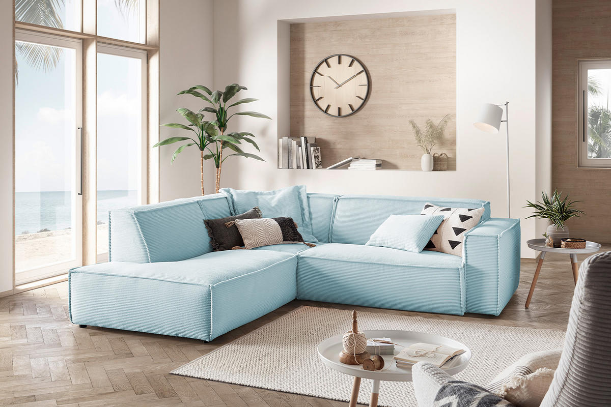 ECKSOFA SAMU Hellblau Cord - Schwarz/Hellblau, Textil (254/224cm) - KAWOLA