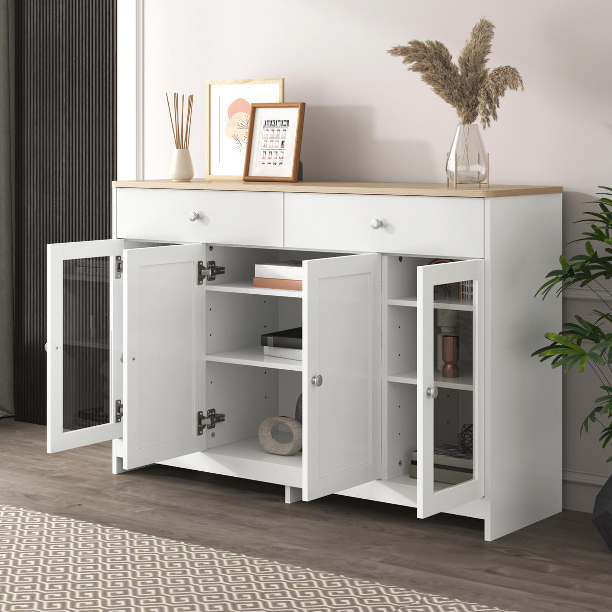 SIDEBOARD mit 2 Schubladen und 4 Türen mit verstellbaren Regalböden 120/80/37 cm - Weiß/Naturfarben, Glas/Holzwerkstoff (120/80/37cm) - EVRYAE