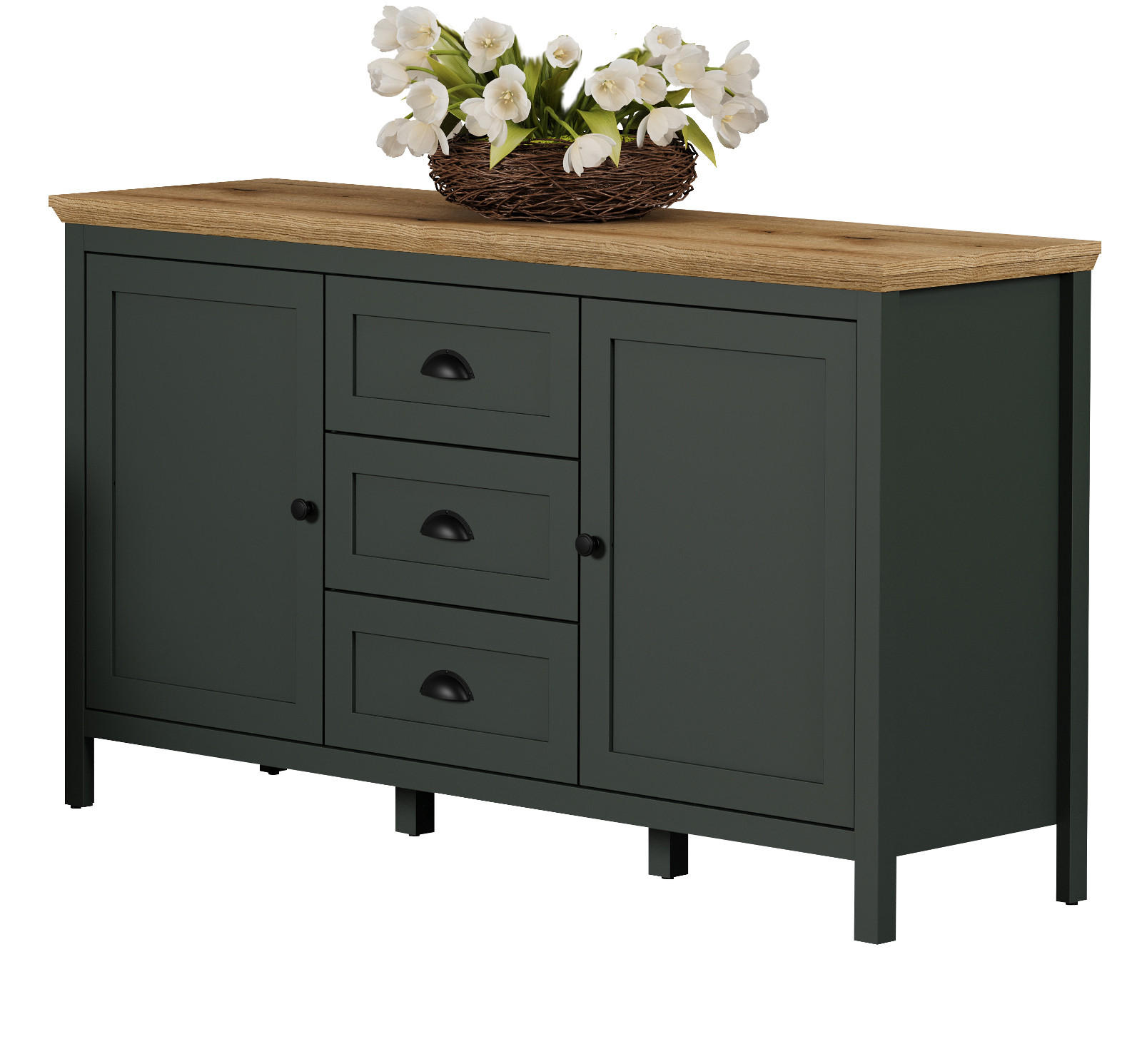 SIDEBOARD grün, Evoke Eiche Landhaus 146 x 86 cm, Kommode für Wohn- und Esszimmer - Eichefarben/Schwarz, Holzwerkstoff/Kunststoff (146/86/45cm) - Top.Furn