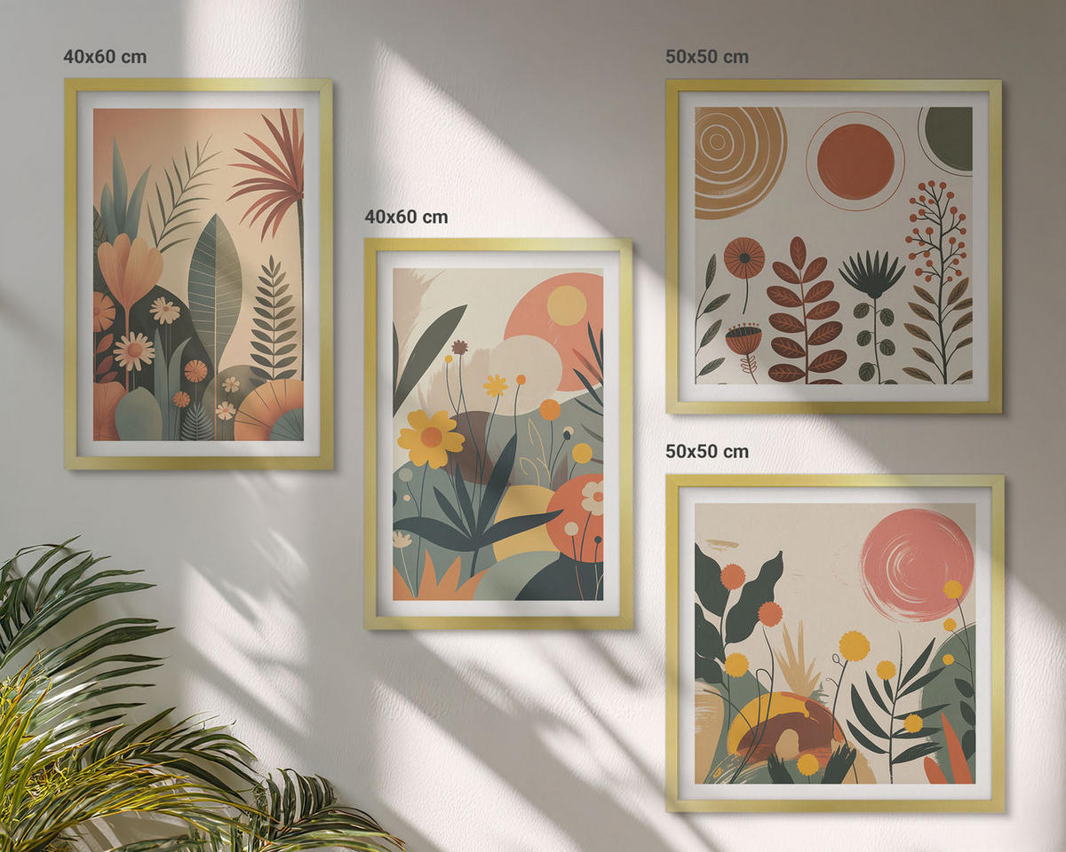 WANDBILDER 4er Set - 50x50 cm & 40x60 cm Goldrahmen - Boho-Pflanzenmuster - Goldfarben, Kunststoff (50/50cm) - ArtPrintCave