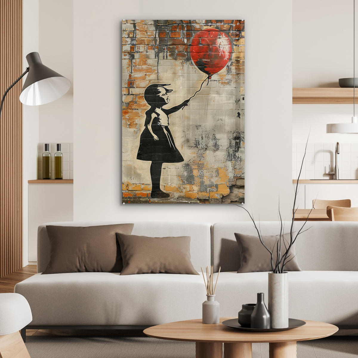 ACRYLGLASBILD Graffiti - Banksy - Mädchen - Straßenkunst 60x90 cm - Sandfarben, Glas (60/90cm) - MuchoWow