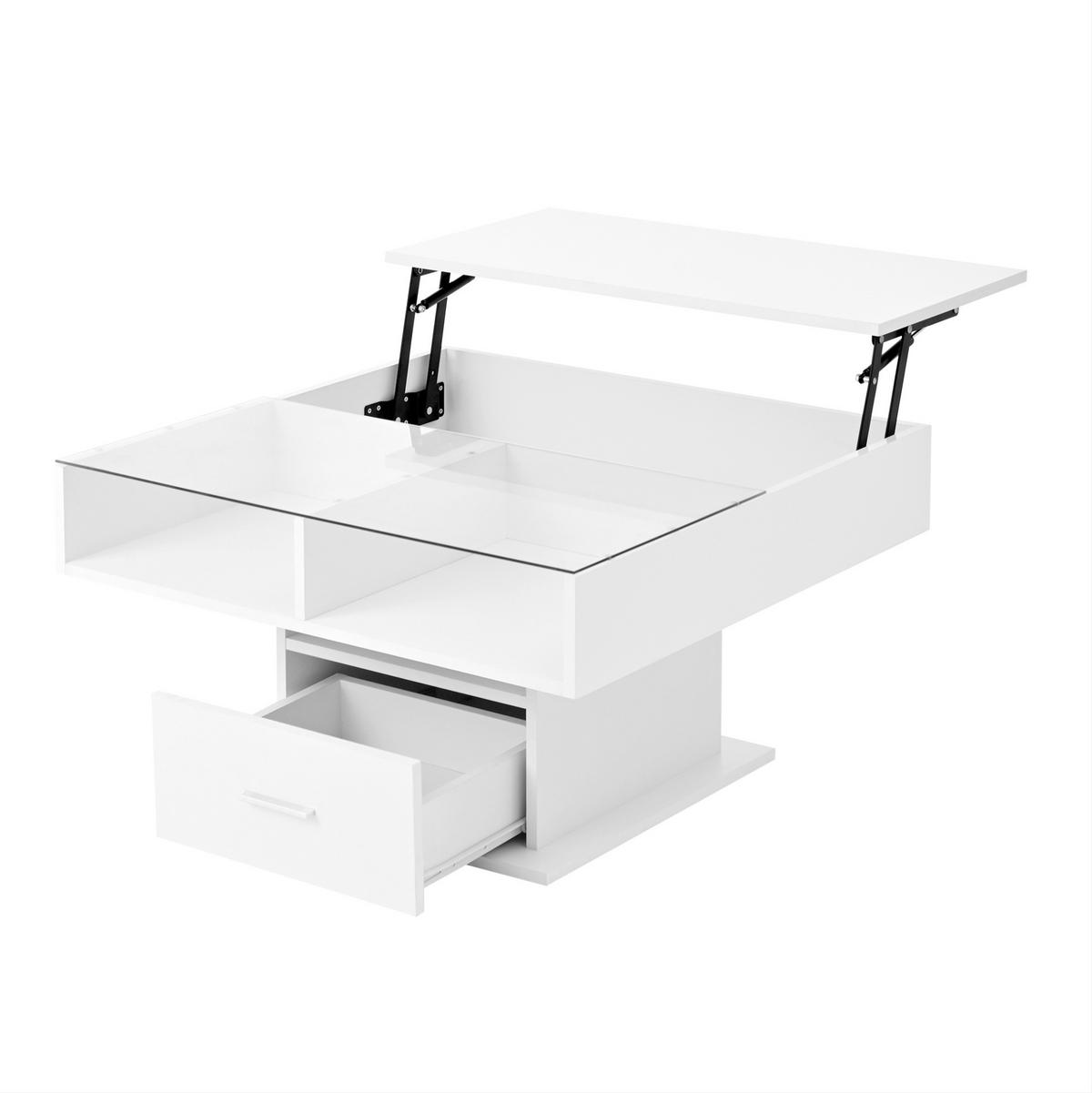 COUCHTISCH 78/78/45,5-59,5 cm höhenverstellbar mit LED-Beleuchtung, Stauraum und Glasboden aus Spanplatte, Weiß - Weiß, Holzwerkstoff (78/78/59.5cm) - Redom