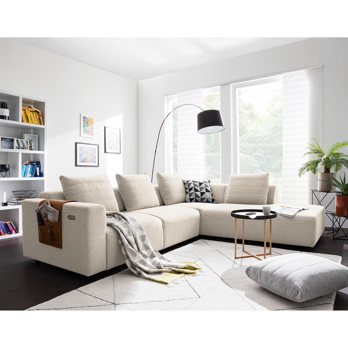 ECKSOFA mit Ottomane - Webstoff - Beige/Schwarz, Kunststoff/Textil (283/237cm) - home24