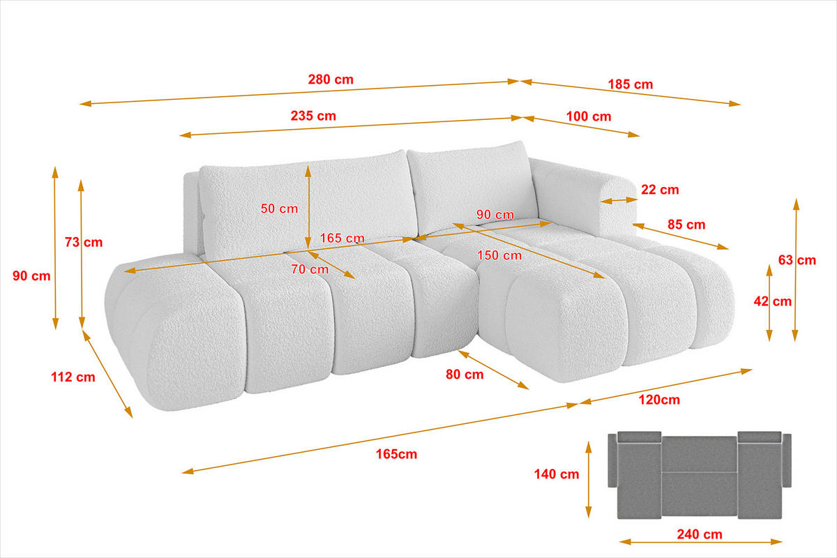 ECKSOFA Ottomane Rechts CLOUD-L 280x185x90 Weiß Bouclé - Weiß, Holzwerkstoff/Kunststoff (185/280cm) - ALTDECOR