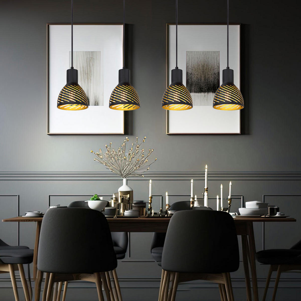 LED HÄNGELEUCHTE Metall Schwarz Gold Holzoptik - Schwarz, Metall (90/12.5/120cm) - Globo Lighting