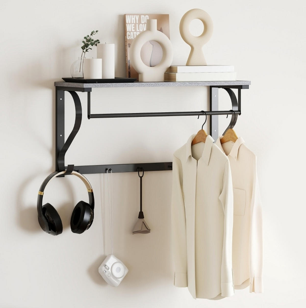 WANDGARDEROBE mit 5 Haken, Ablagefach und Kleiderstange in Holzoptik, Grau - Grau, Holz (70/35.4/25cm) - Redom