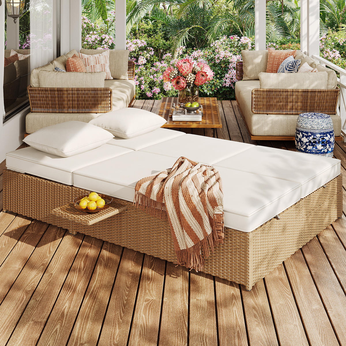 GARTENLIEGE Doppelbett Rattan Klappbar Wetterfest Mit Kissen Weiß - Weiß, Metall (120/37/199cm) - FLIEKS