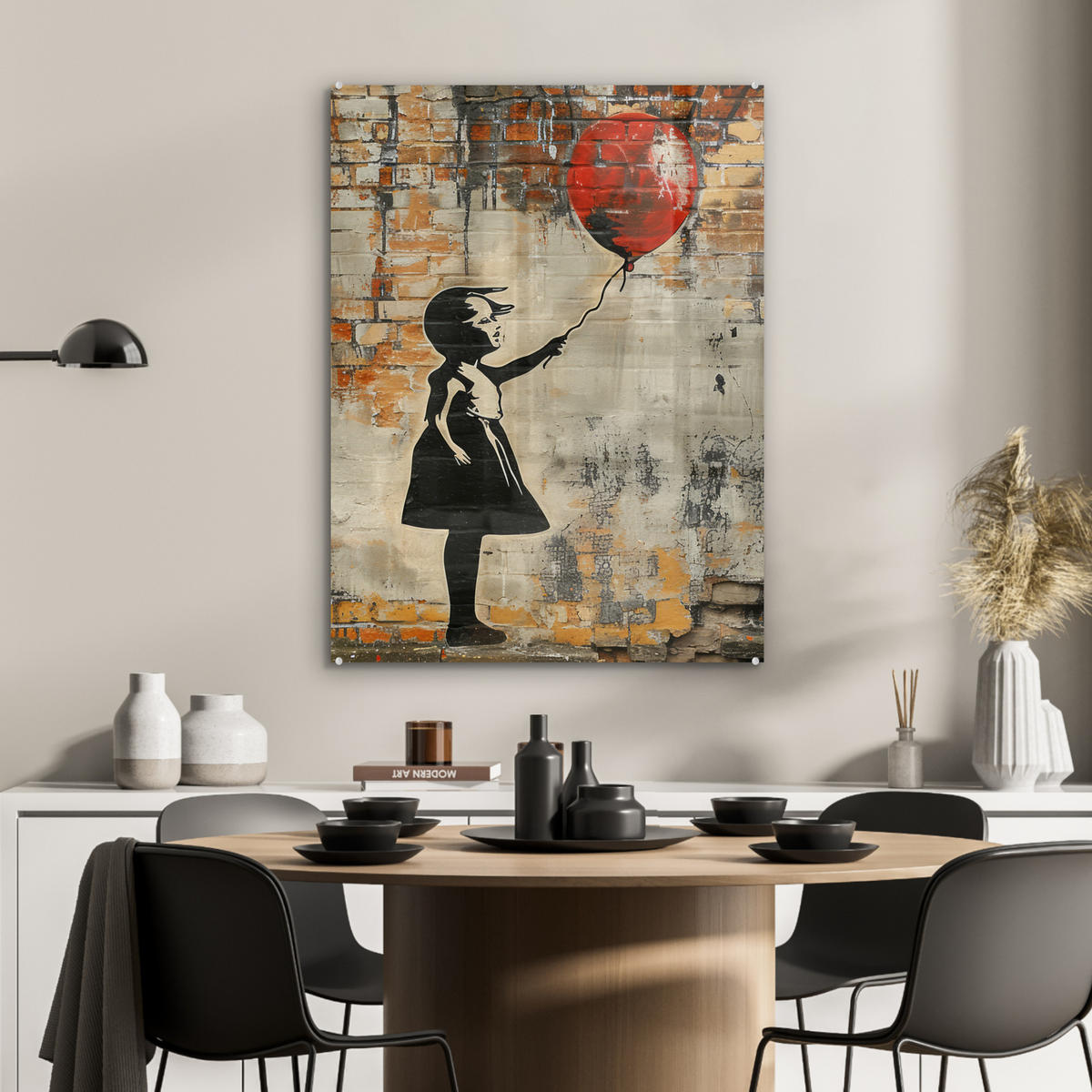 ACRYLGLASBILD Graffiti - Banksy - Mädchen - Straßenkunst 60x80 cm - Sandfarben, Glas (60/80cm) - MuchoWow