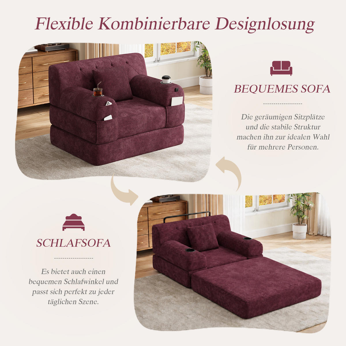 SCHLAFSESSEL Cord komprimiert, DE-42543, Weinrot - Weinrot, Metall (107/81/80cm) - ComfortXL