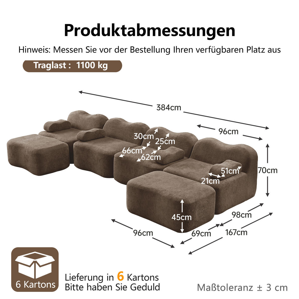 WOHNLANDSCHAFT DE-34348 4-Sitzer mit 2 Ottomans Braun - Braun, Textil (167/70/384cm) - ComfortXL