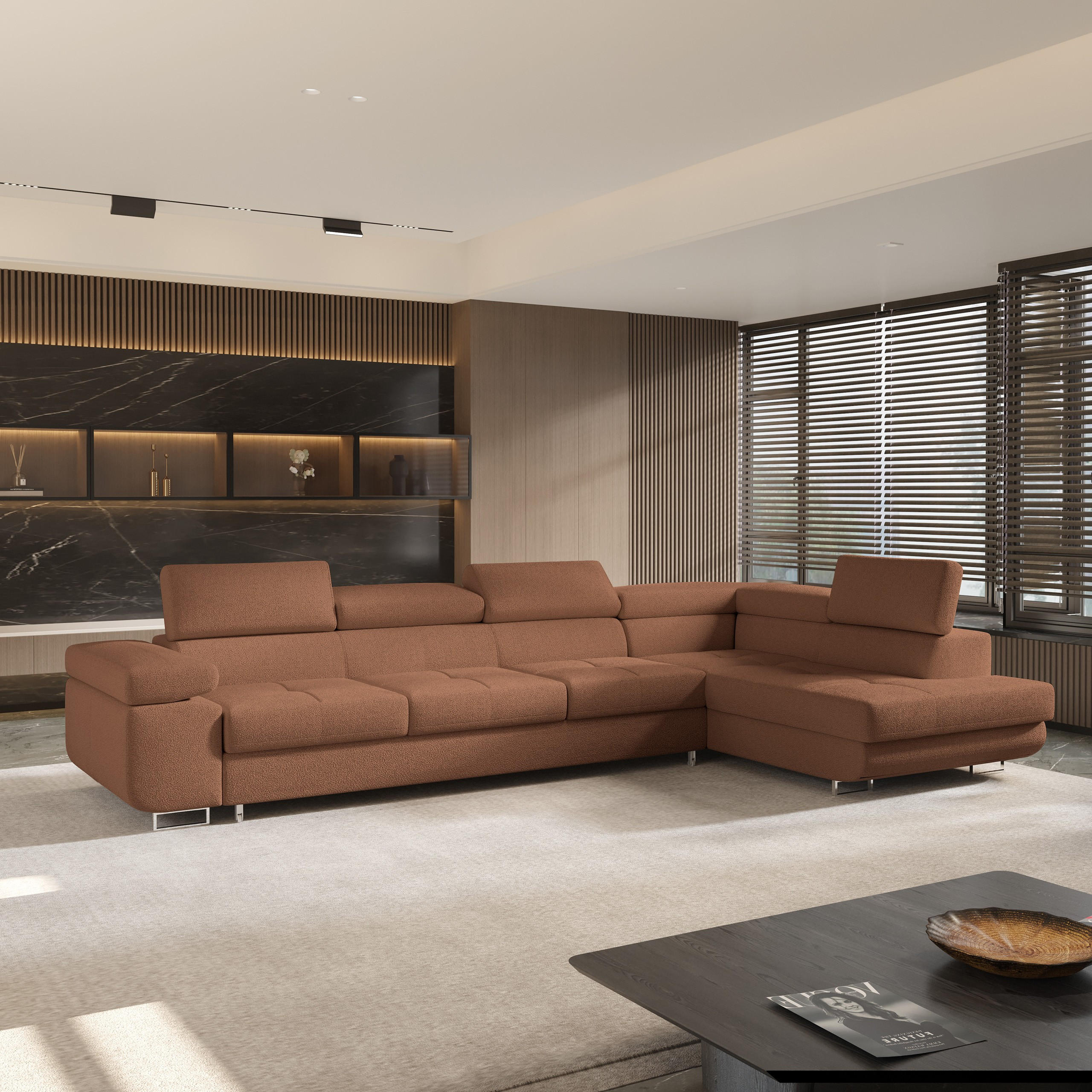 ECKSOFA VICENTE Kupferfarben Boucle-Stoff mit Schlaffunktion - Kupferfarben, Holz (346/202cm) - MASSENO