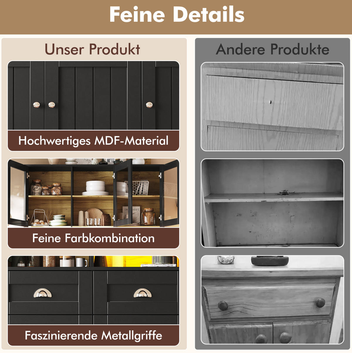 BUFFETSCHRANK 140/40/175 cm schwarz aus MDF mit LED-Beleuchtung - Schwarz, Holzwerkstoff (140/175/40cm) - OKWISH