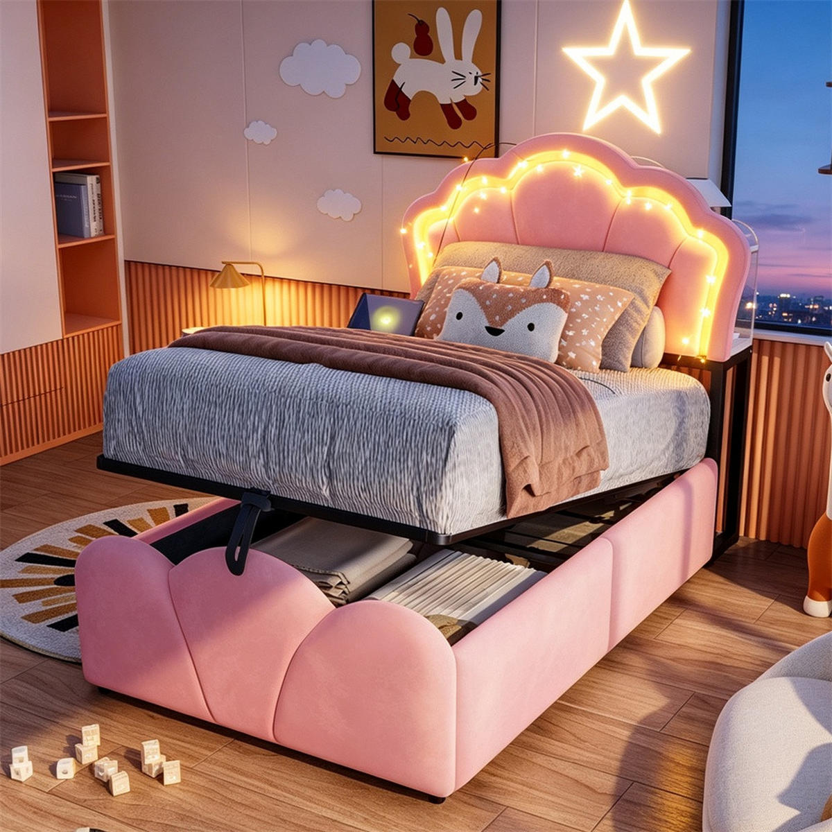 POLSTERBETT 90x200 cm mit hydraulischem Stauraum - LED Beleuchtung & Ladeanschluss - Rosa - ohne Matratze - Pink, Textil (90/200cm) - DELFA
