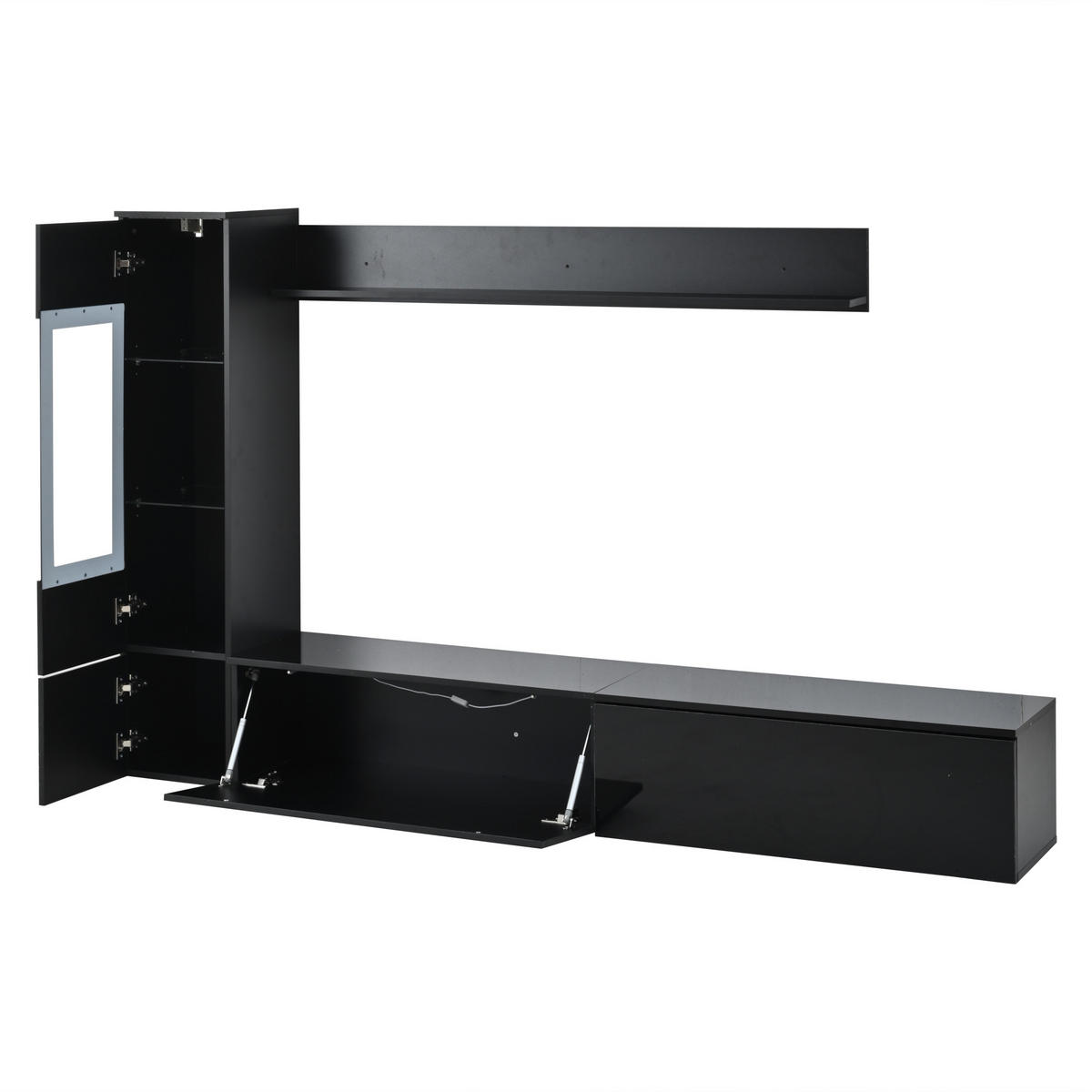 WOHNWAND 3-teilig LED Hochglanz Schwarz 80 Zoll - Schwarz, Holzwerkstoff (207/130/30cm) - FLIEKS