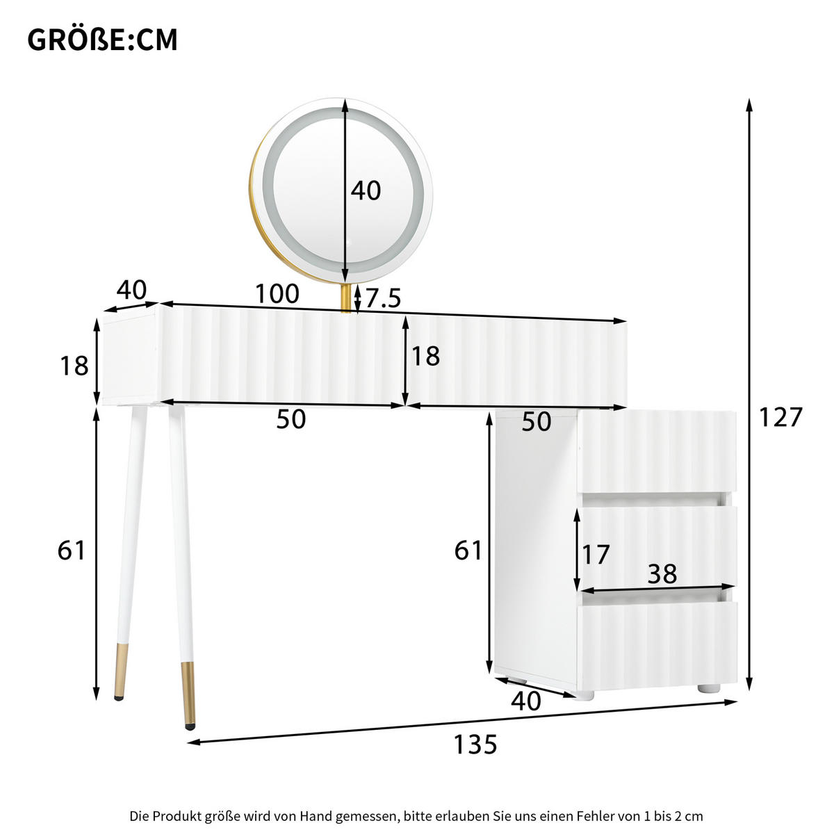 SCHMINKTISCH aus Holzwerkstoff 135x40x127 cm Weiß mit LED-Spiegel, 5 Schubladen und flexiblem Seitenschrank - Weiß, Holzwerkstoff (135/127/40cm) - Modfu