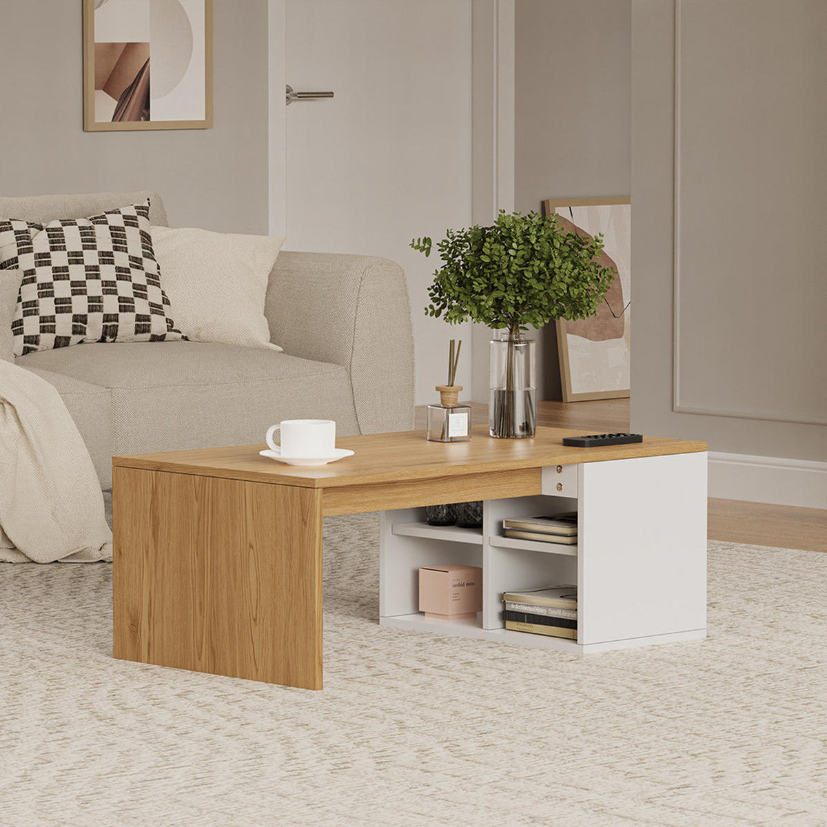 COUCHTISCH Kivo Weiß/Eiche 90 x 50 cm mit offenen 4 Fächern - Eichefarben/Weiß, Holzwerkstoff (50/90/33.6cm) - Vicco
