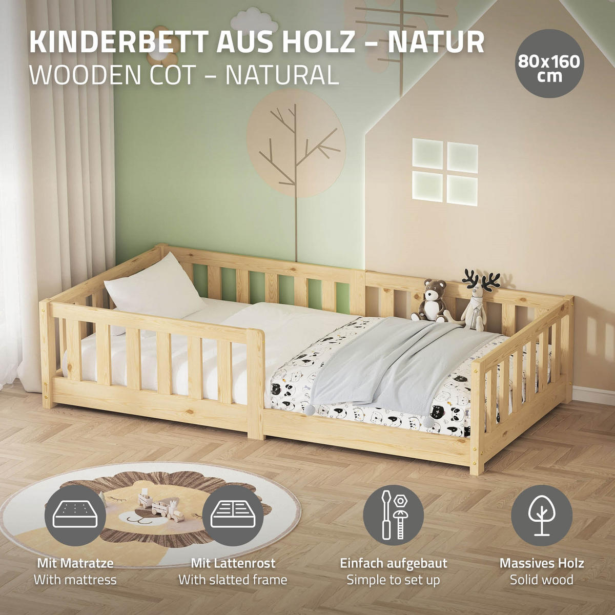 KINDERBETT 80x160 cm Natur mit Matratze - Naturfarben, Kunststoff (80/160cm) - ML-DESIGN