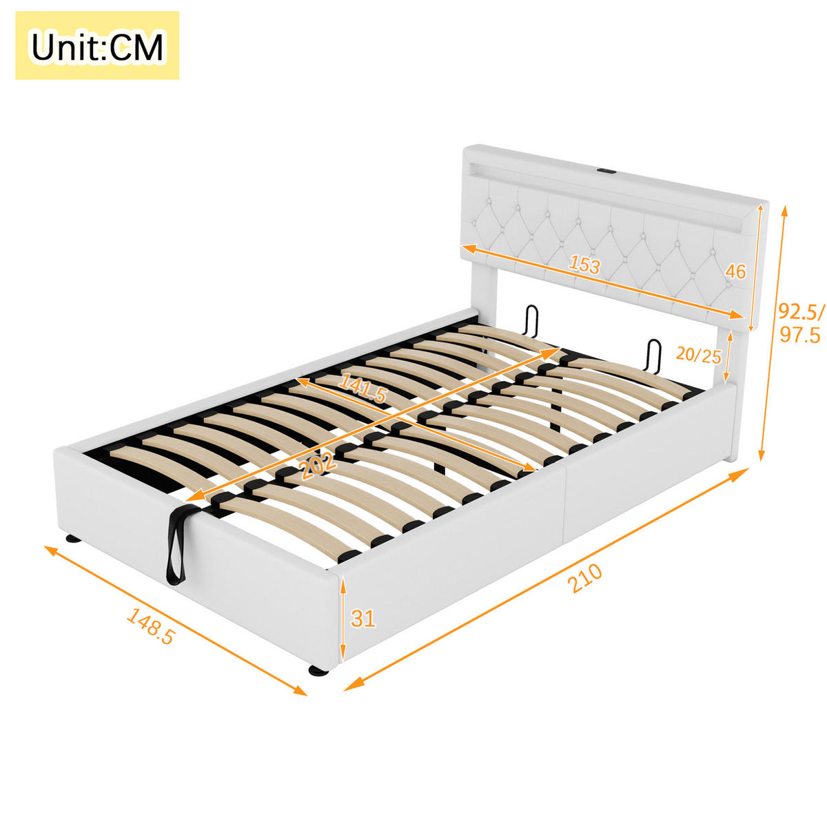 BETT mit Stauraum 140x200 cm Leinen Weiß mit LED, USB und USB-C - Weiß, Metall (140/200cm) - Meubliv