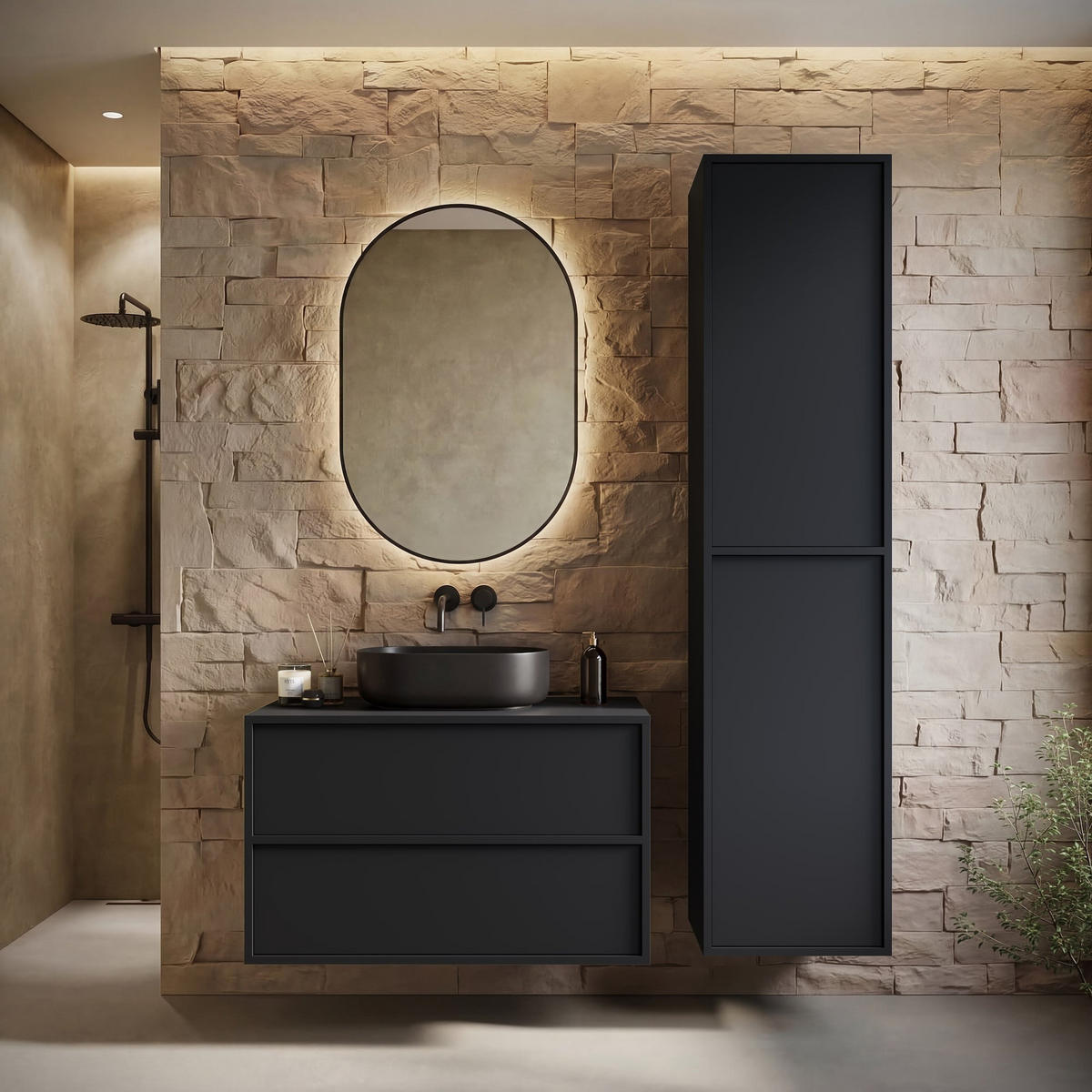 KOUPELNOVÁ SESTAVA Mali 80 cm matná černá - s Hochschrank - 80 x 46 x 54 cm - černá, dřevo (60/54/46cm) - Badplaats