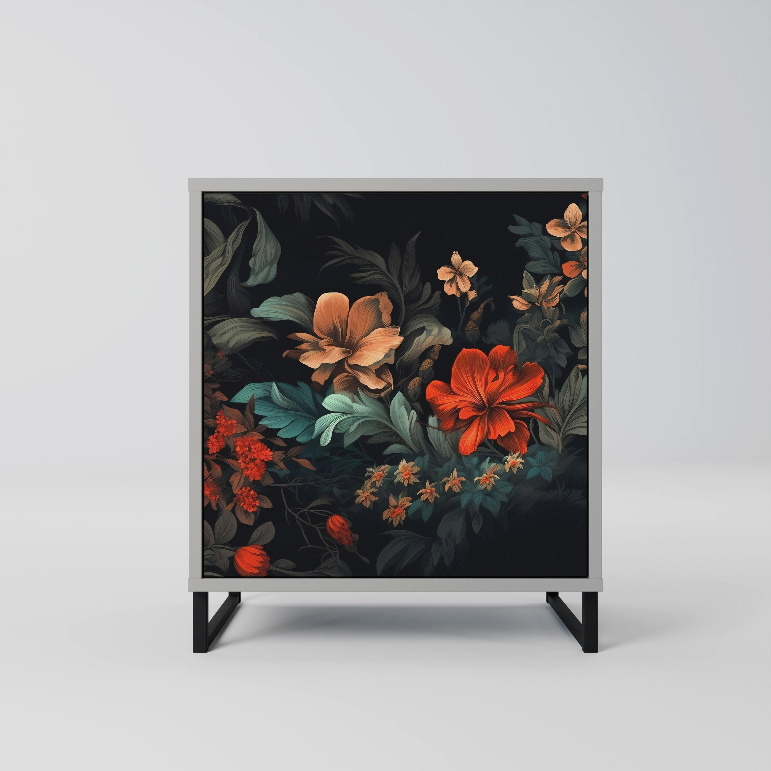 SIDEBOARD IMAGINARY BLOSSOM, Grau, 57,5x42x67,5 cm, Schwarze Metall-Rahmenfüße - Multicolor/Schwarz, Holzwerkstoff/Metall (57.5/67.5/42cm) - SpaceRebels
