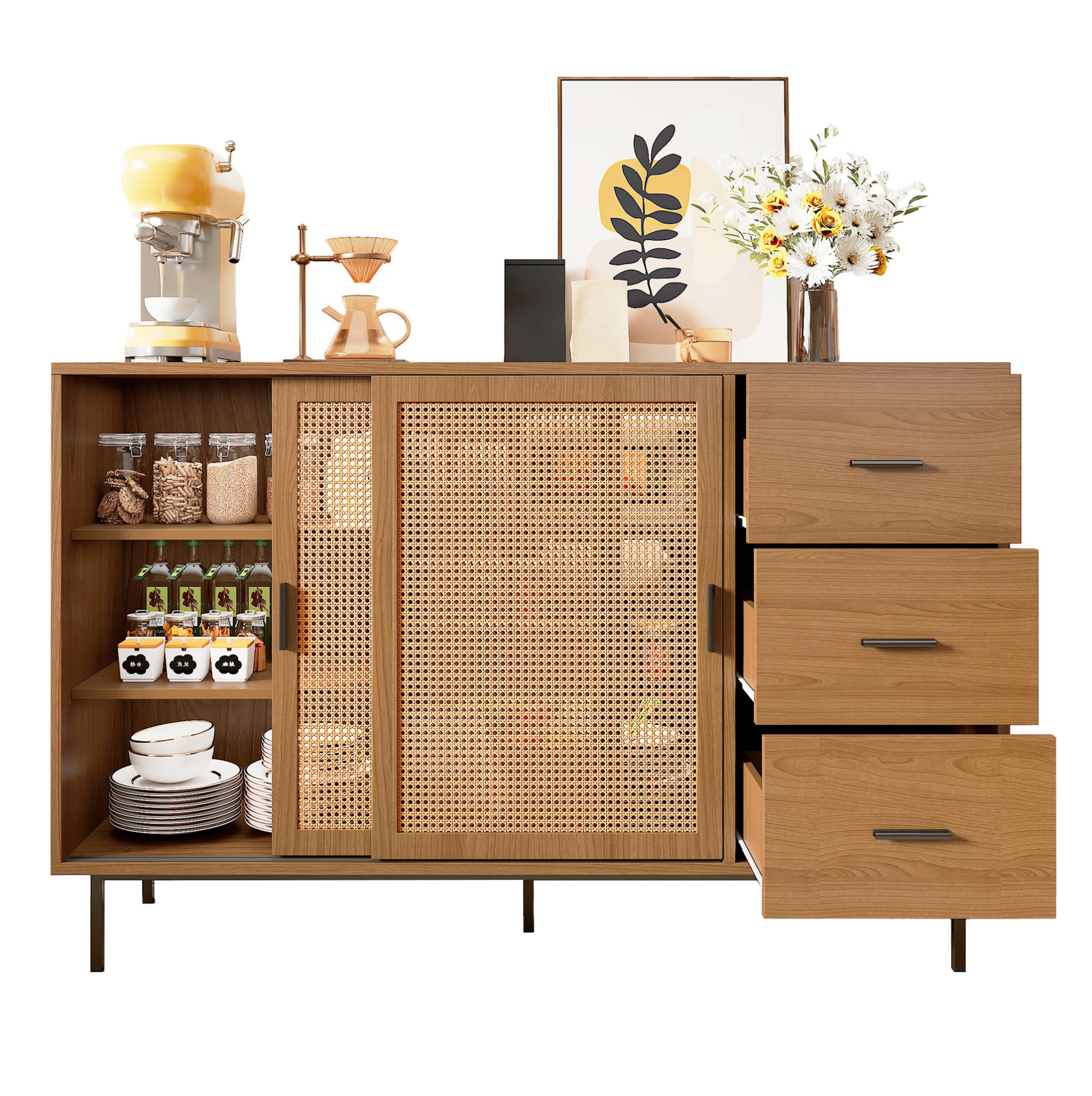 SIDEBOARD 140/37/91 cm natur aus Spanplatte mit Schiebetüren - Naturfarben, Holzwerkstoff (140/91/37cm) - OKWISH