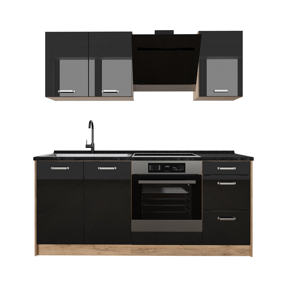Vicco Singleküche Schwarz Hochglanz, Honigeiche 180x206.8x60 cm