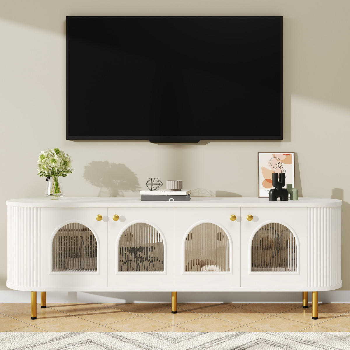 TV ormarić 170/35/55 cm bijelo-zlatni od MDF-a s 4 staklena vrata i otvorom za kabele - bijela, drvni materijal (170/55/35cm) - OKWISH