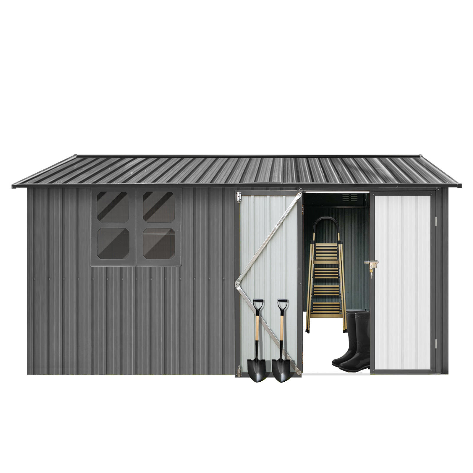 GERÄTEHAUS 374.9/307.8/204.8 cm Grau mit Tür, Schloss und Fenster (10,34m²) - Grau, Metall (307.8/204.8/374.93cm) - Oxeza