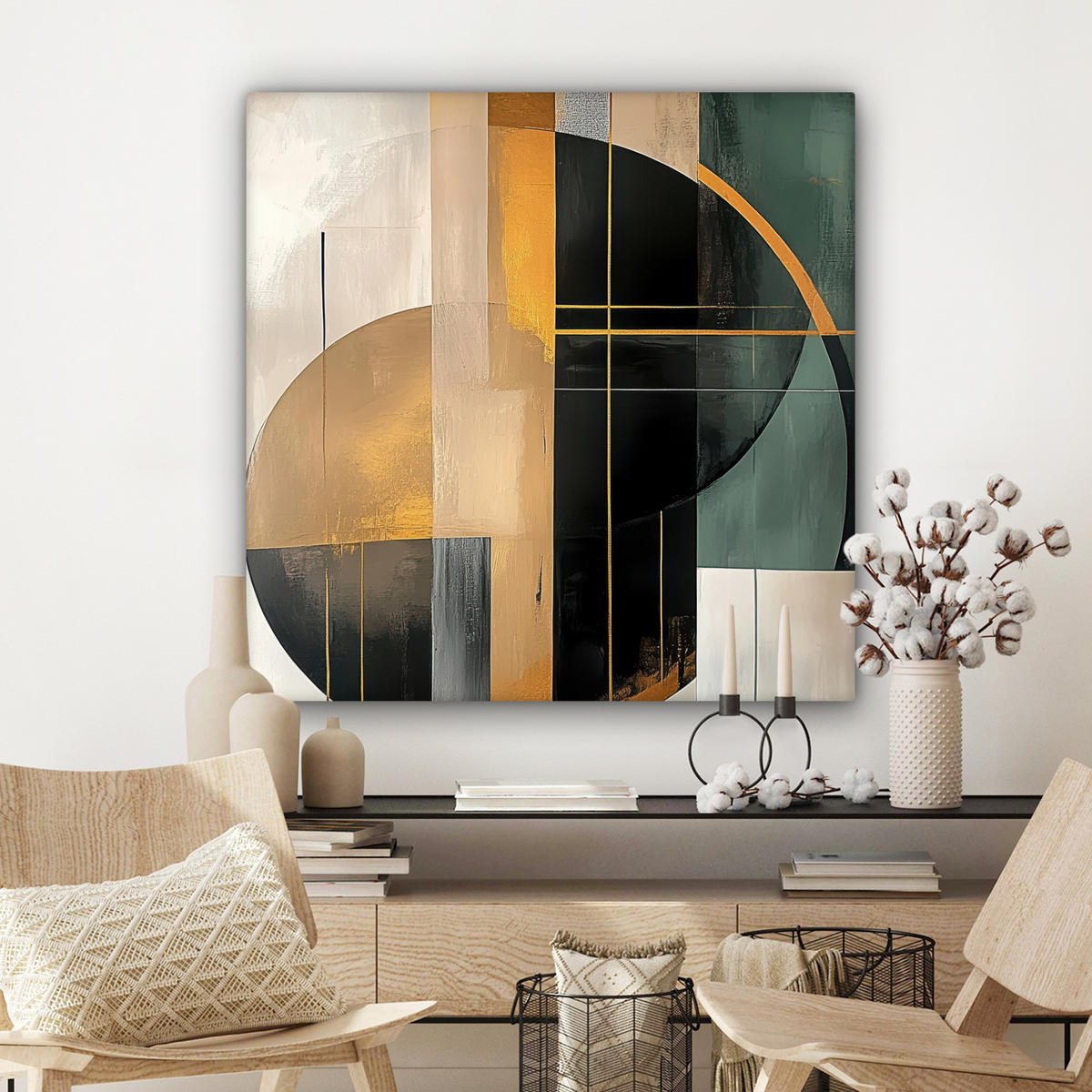 LEINWANDBILD - Abstrakt - Gold - Bronze - Grün - Formen - Modern - 90x90 - Gemälde - Multicolor, Textil (90/90cm) - MuchoWow
