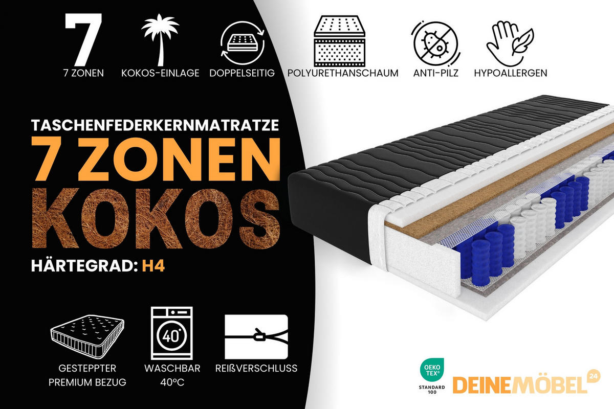 TASCHENFEDERKERNMATRATZE 7 Zonen + KOKOS 120/200 Schwarz H4 - Schwarz, Textil (120/200cm) - Deine Möbel 24
