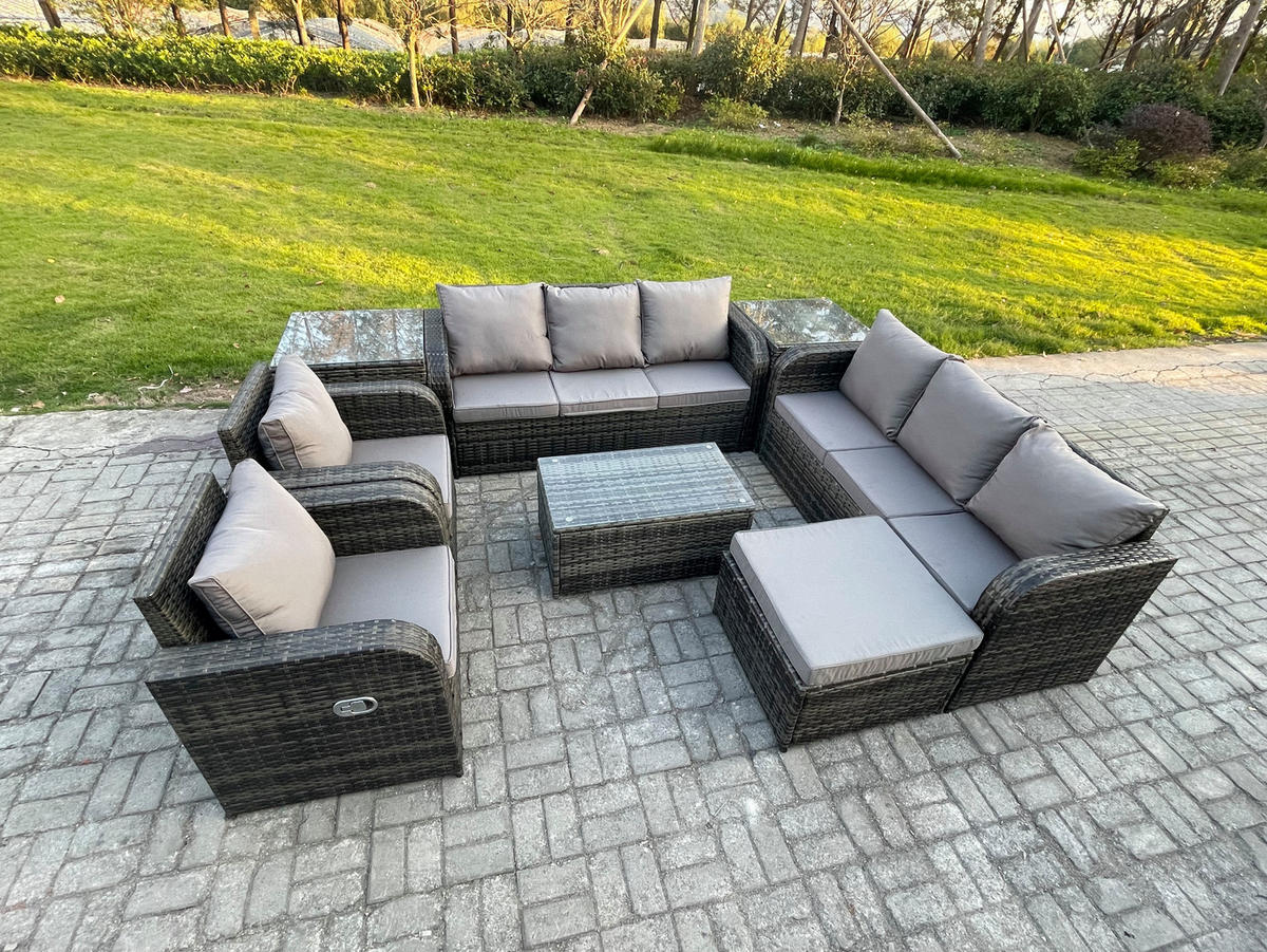 GARTENMÖBEL-SET mit Kissen Polyrattan Dunkelgrau 9-Sitzer - Dunkelgrau/Grau, Glas/Kunststoff - Fimous