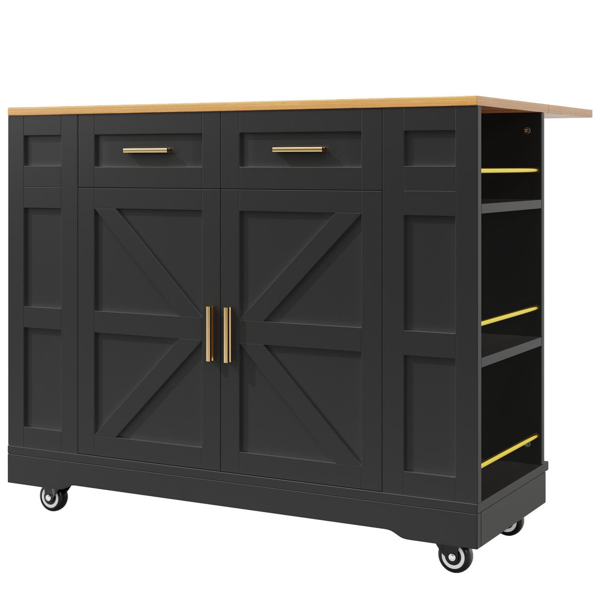 KUHINJSKI otok 120/40/65/90 cm crni, MDF, s prostorom za pohranu i sklopivom pločom - crna, drvni materijal (120/90/40cm) - BEAOK
