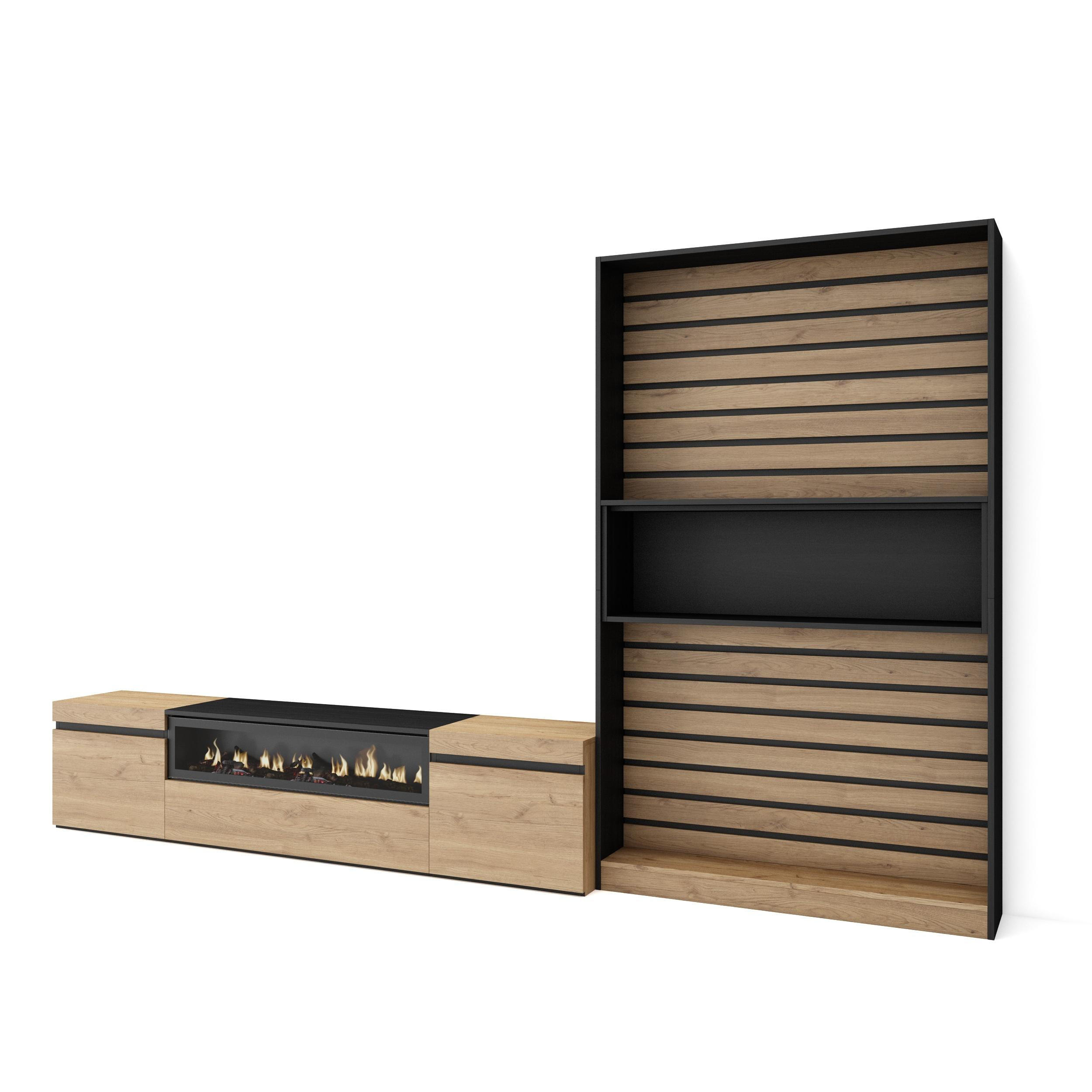 WOHNWAND Wohnzimmer, eiche, schwarz, Elektrokamin,, 310/35/186cm - Eichefarben/Beige, Holzwerkstoff (310/186/35cm) - Skraut Home