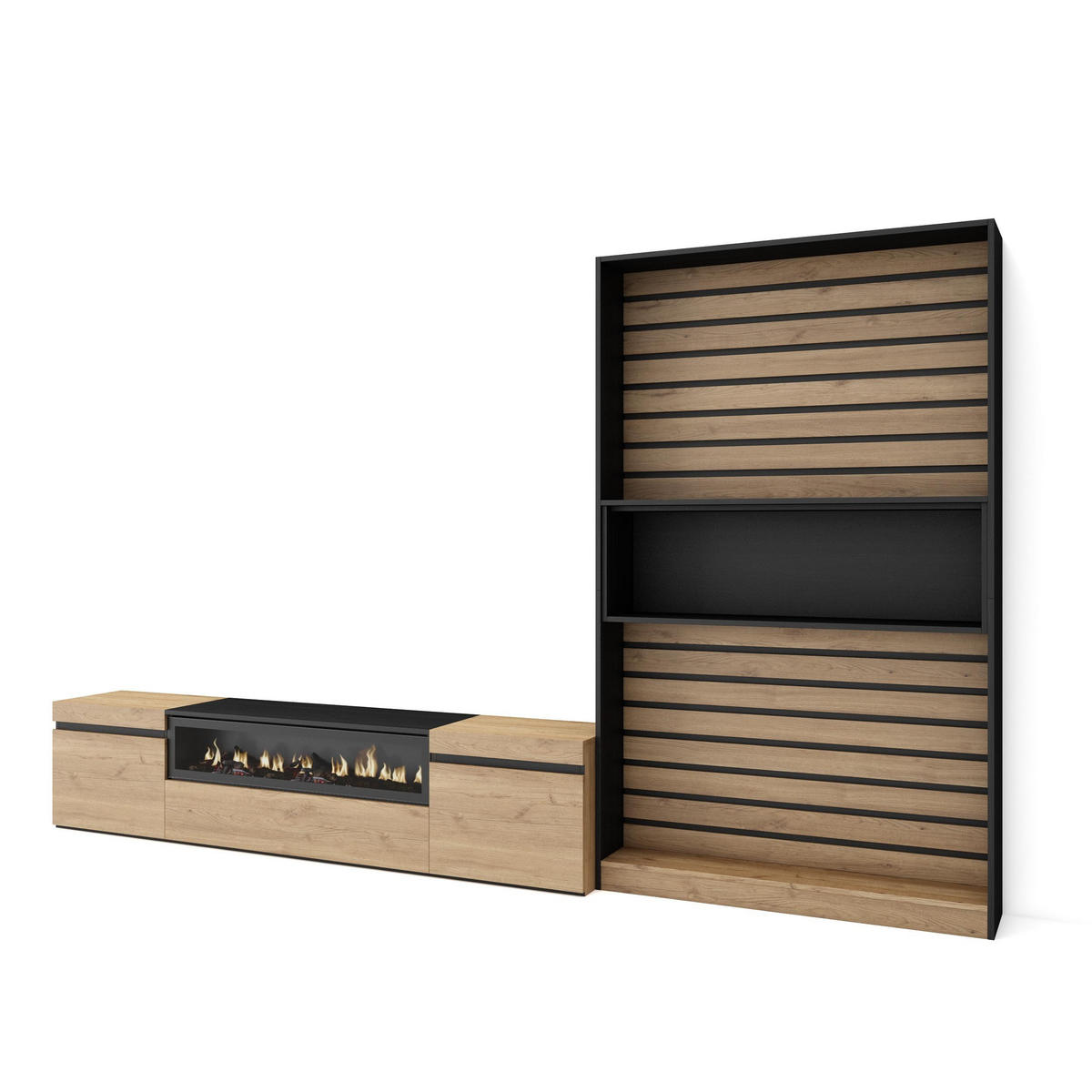 WOHNWAND Wohnzimmer, eiche, schwarz, Elektrokamin,, 310/35/186cm - Eichefarben/Beige, Holzwerkstoff (310/186/35cm) - Skraut Home