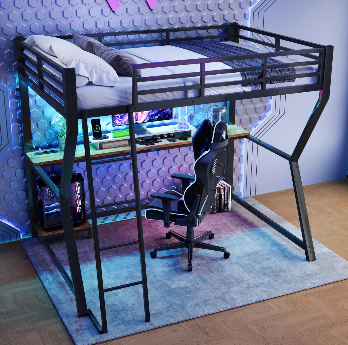 HOCHBETT 90/200 cm in Schwarz – mit Schreibtisch, Treppe und Rausfallschutz - Schwarz, Metall (90/200cm) - BEAOK