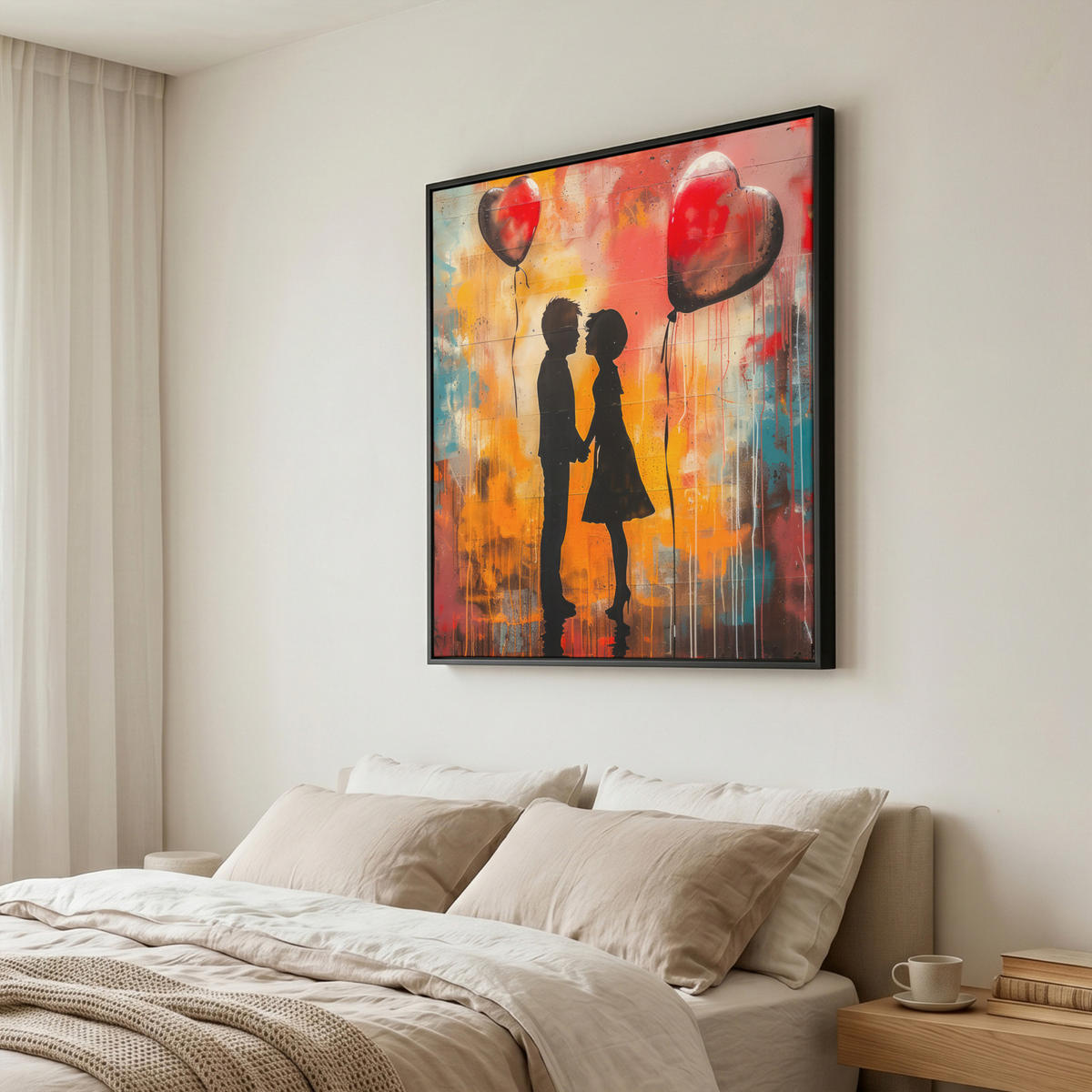 LEINWAND Bilder mit Rahmen - Straßenkunst - Liebe - Graffiti - Kunst - Banksy - 90x90 - Orange, Textil (90/90cm) - MuchoWow