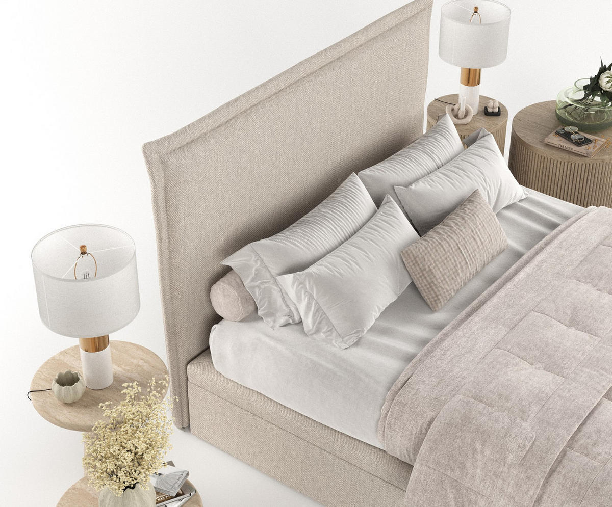 POLSTERBETT Eliot mit Stauraum 140/200 cm Hellbeige im Megan Stoff - Sandfarben/Schwarz, Holz/Holzwerkstoff (140/200cm) - AltaBeds