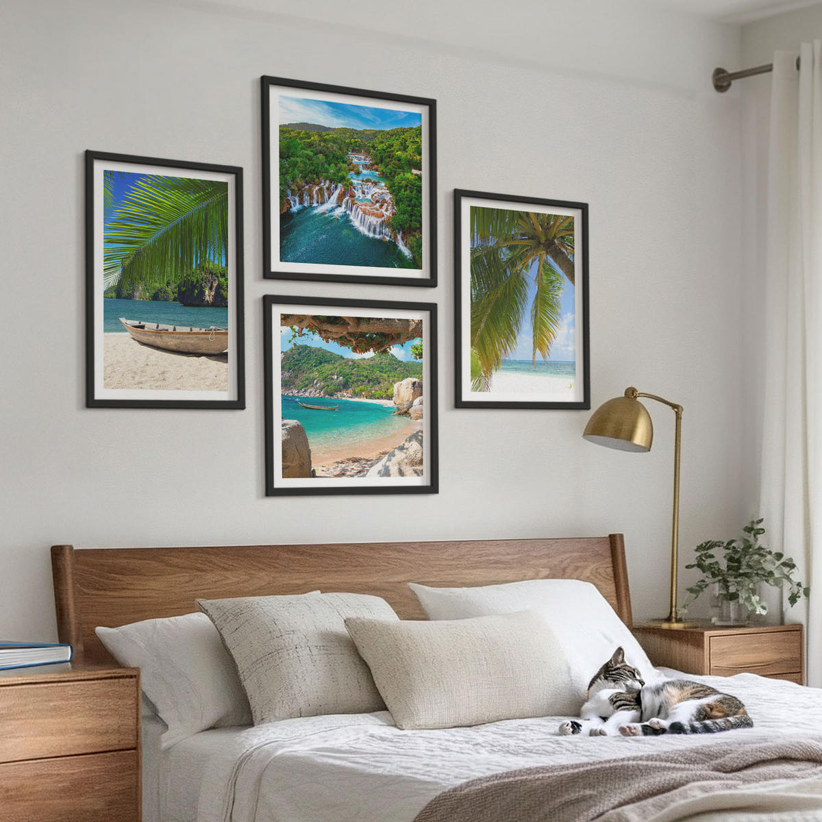 WANDBILDER 4er-Set - 50x50 cm & 40x60 cm Schwarzer Rahmen - Strand, Boot, Wasserfälle, Palmen - Schwarz, Kunststoff (50/50cm) - ArtPrintCave