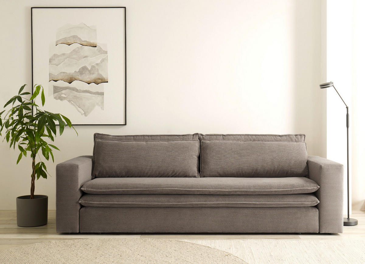 SCHLAFSOFA braun Cord, Sofa 3-Sitzer mit Bettfunktion 244 cm - Beige/Braun, Holz/Textil (244/83/91cm) - Furn.Design