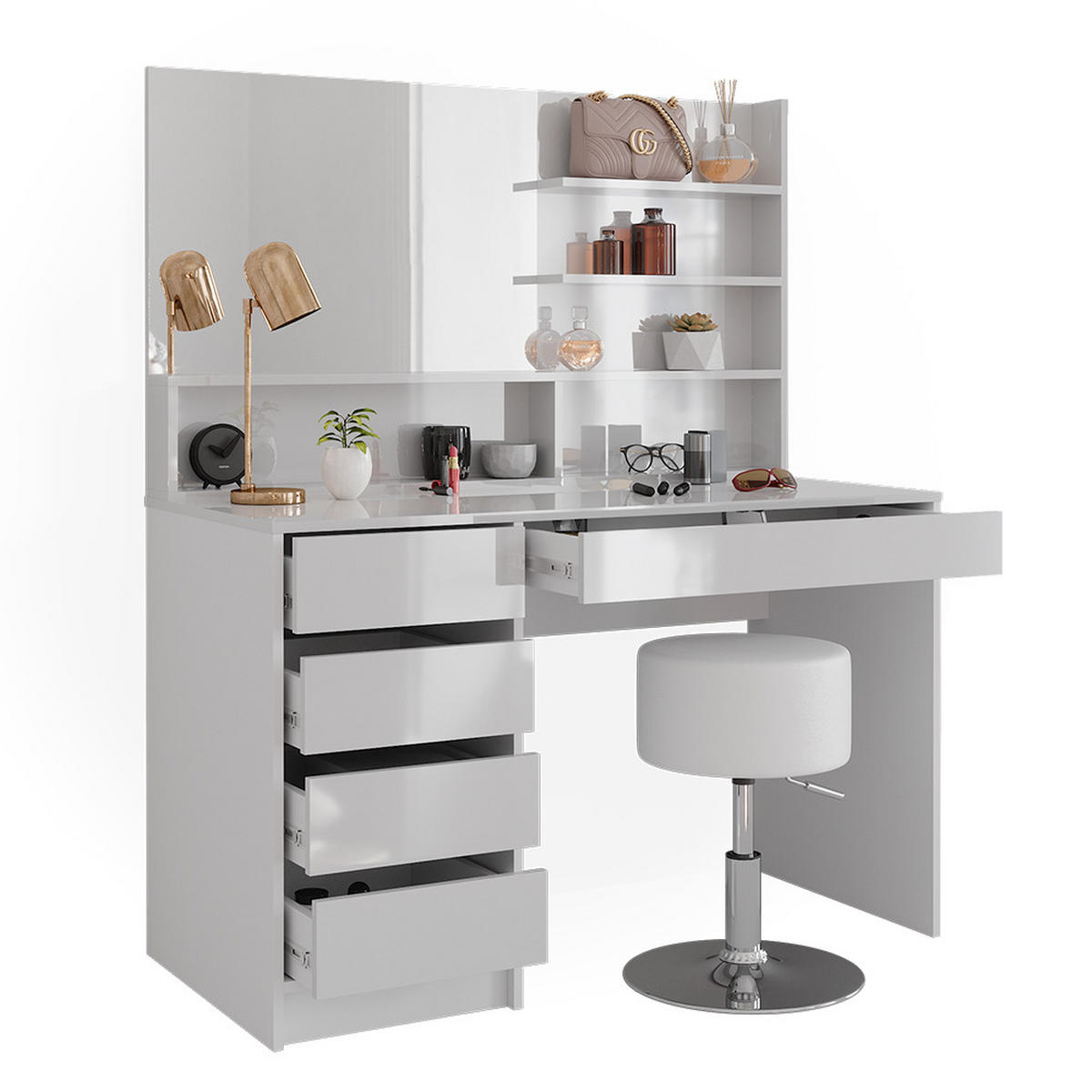 SCHMINKTISCH Sherry Weiß 145 cm mit Hocker - Weiß, Holzwerkstoff (55/75/145cm) - Vicco