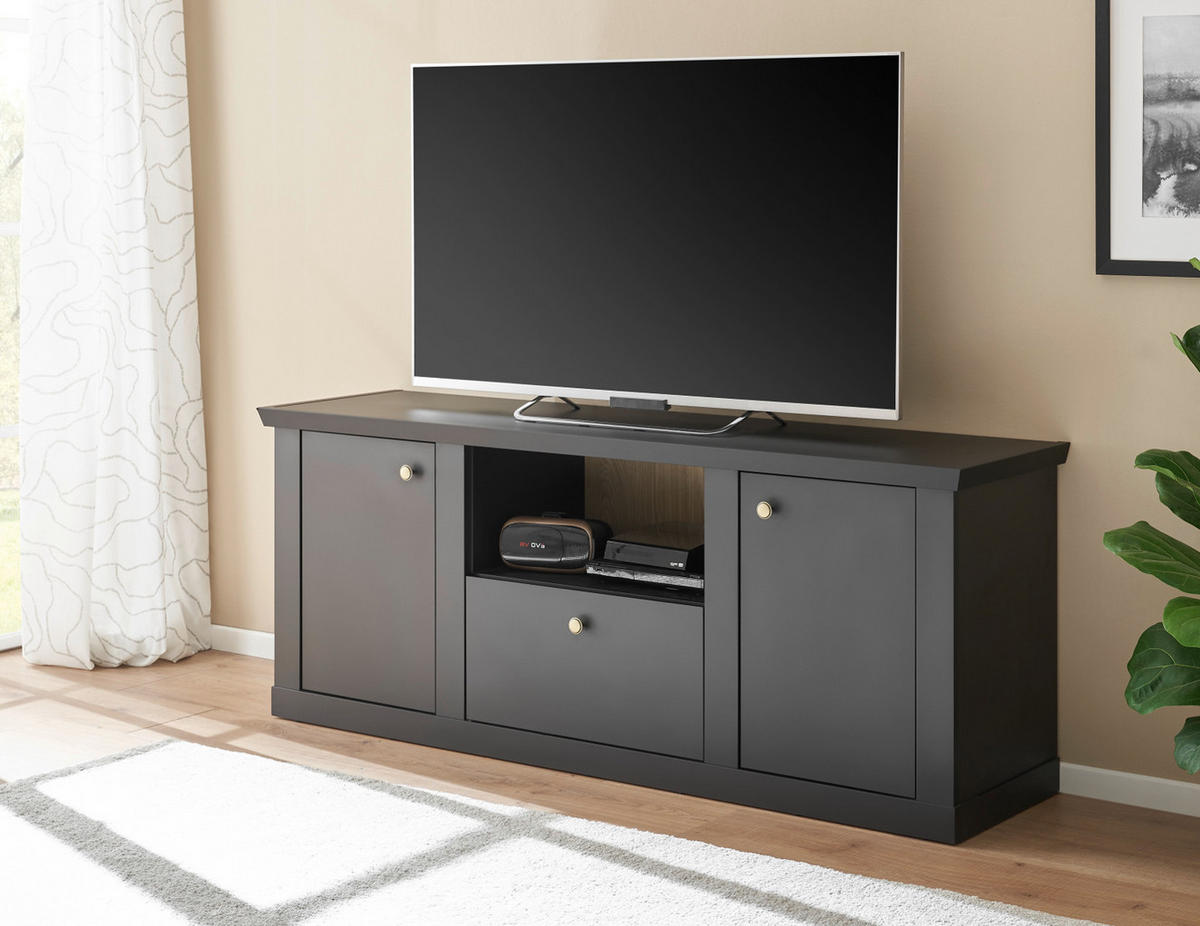 TV-LOWBOARD schwarz matt, Eiche Landhaus 158 cm, TV Unterteil mit Soft-Close - Eichefarben/Messingfarben, Holzwerkstoff/Metall (158/62/42cm) - Furn.Design