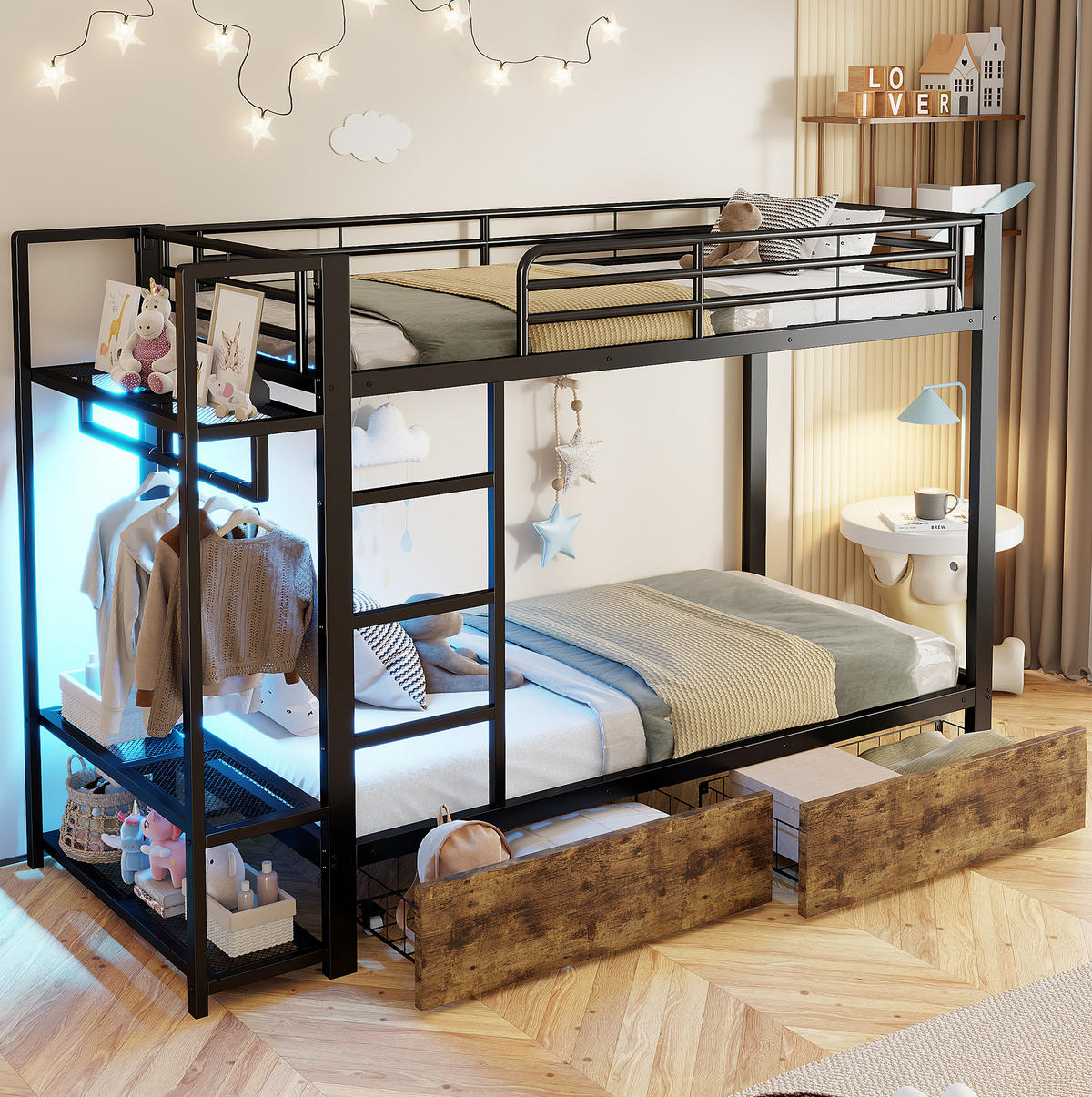 ETAGENBETT 90/200 cm aus Metall mit LED-Lichtleiste, Schubladen, Schwarz - Schwarz, Metall (90/200cm) - OKMYHOME