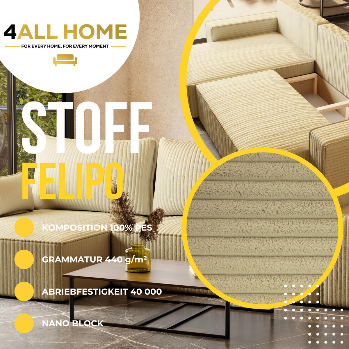 ECKSOFA Tobi mit Bettkasten und Schlaffunktion, L-Form/XL-Form, Cordstoff, Universal - Creme, Holzwerkstoff (276/145cm) - 4ALL HOME