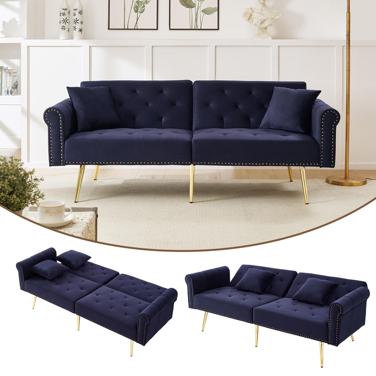 SCHLAFSOFA 2-Sitzer Samt mit 3-stufig verstellbarer Rückenlehne Antikblau 173/75/70 cm - Blau, Textil (70/173/75cm) - Redom